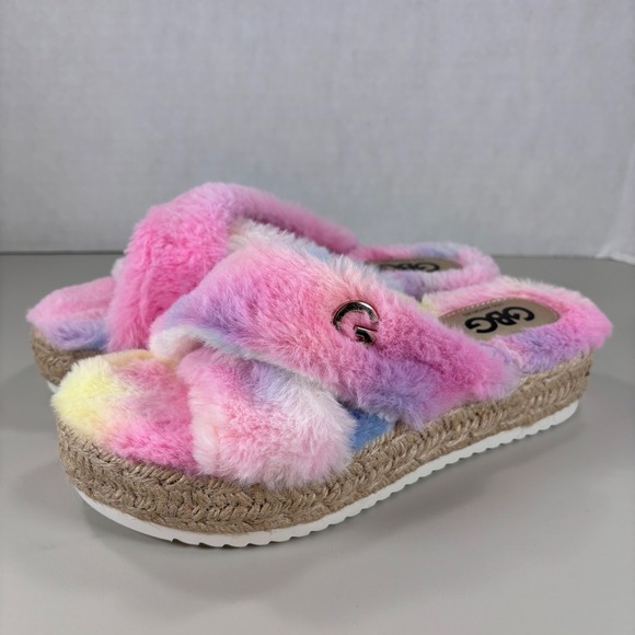 GBG Los Angeles Women's GG Daphne Faux Fur Flatform Slides Pink Multi Size 7M - Picture 1 of 8
